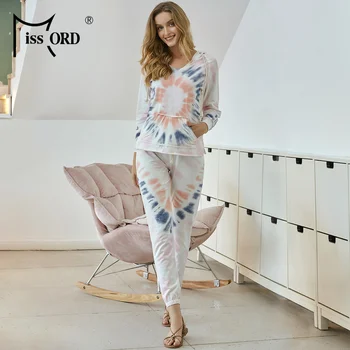 

Missord Long Sleeve Casual 2 Piece Set Home Hoodies Pants Printed Tracksuit Pocket Pullover Sweatshirt Trousers Suit MY201