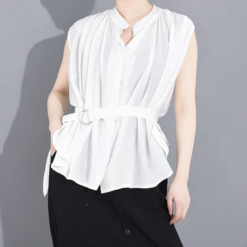 

[LANMREM] 2020 New Spring Summer Lapel Long Sleeve Shirt Women Blouse Fashion Tide round neck sleeveless high waist belt YJ08701