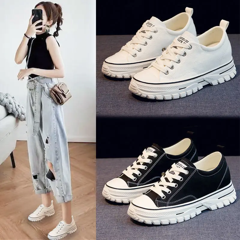 

2019 Autumn New Style Korean-style Platform White Shoes Women's Versatile Thick Bottomed Extra High Low Top Canvas Students Casu