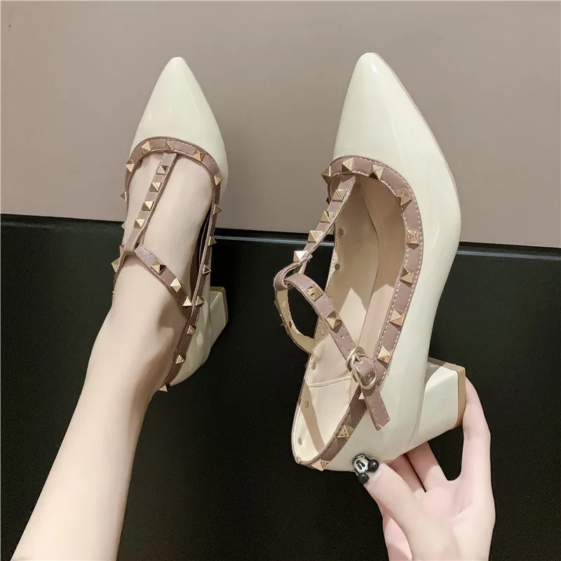 Women's Shoes Fashion Rivets Decorated Ankle Buckle with Pointed High Heel Women Pumps Concise Elegant High-heeled Shoes U28-28