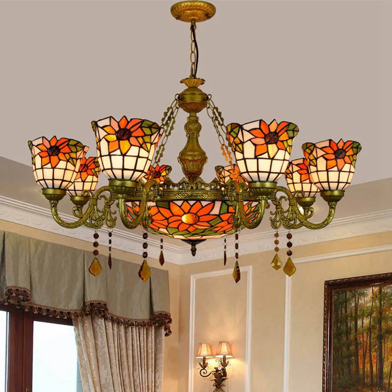 

European style Tiffany color glass retro rural Sun Flower Glass Chandelier 68 remote control crystal lights