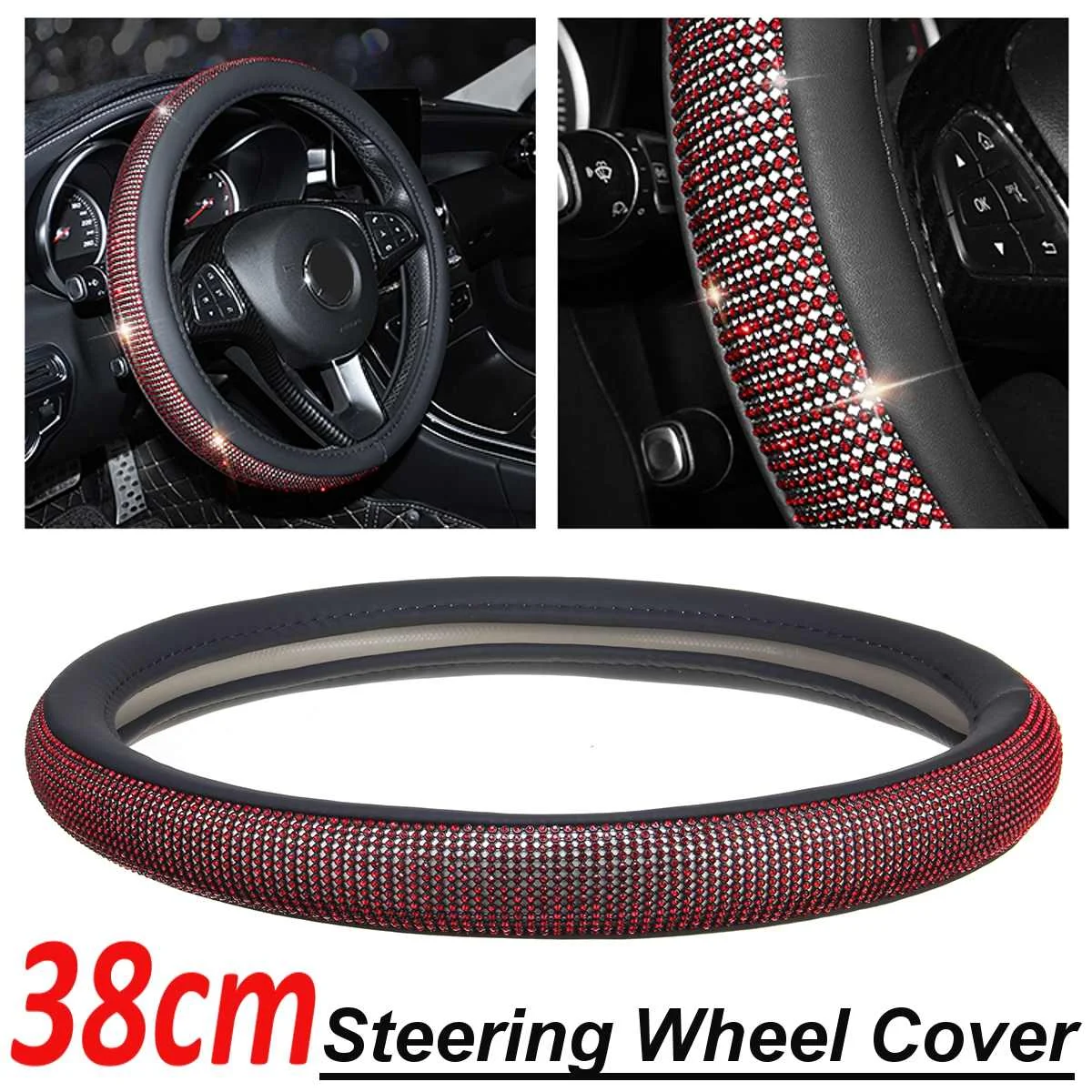 Red Кристалл из искусственной кожи чехол рулевого колеса автомобиля Bling Стразы авто руль автомобиля Стайлинг 37-38 см - Название цвета: Red