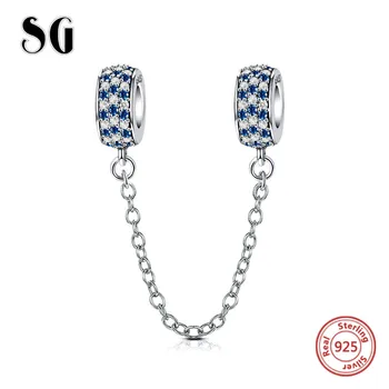

925 original Sterling Silver Sparkling Safety Chain Women Charms beads with Clear CZ fit Bracelet for Women Fahion Jewelry