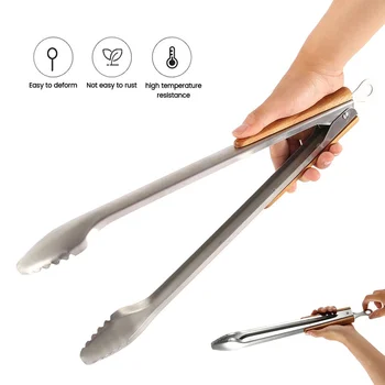 

BBQ Tongs Stainless Steel Kitchen Heat Resistant Wood Handle Larger Tong Kitchen Outdoor Tools BBQ Clips Barbecue Clip Clamp