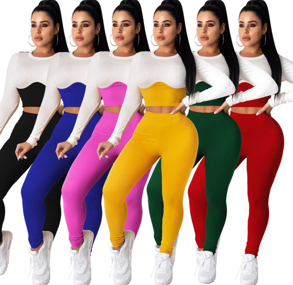 

RT Women Tracksuit Ribbed Two Pieces Set Crop Top Long Pants Ribs Sports Suit Raised Lines Patten Outdoor Wear