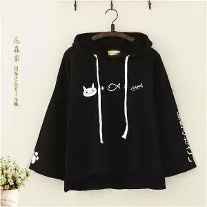 Черный Японская футболка забавные женские harajuku кавайная футболка уличная белая черная с капюшоном футболки с длинными рукавами Модная высокая безрукавка с принтом - Цвет: Черный