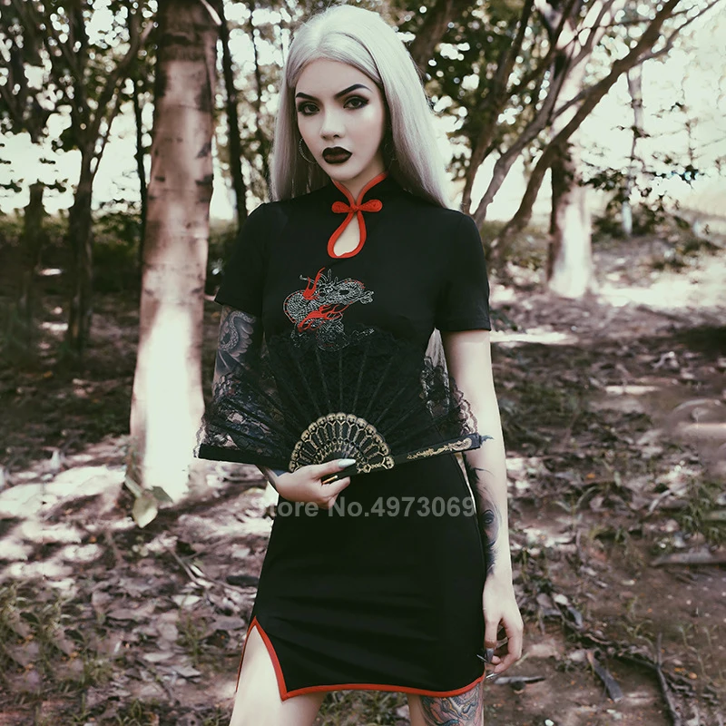 Китайское платье Qipao с вышивкой Мандарин Воротник разрезом пикантное готическое