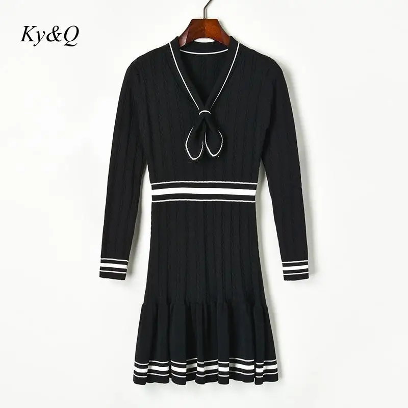 Runway Design Clothes 2020 Autumn Black White Button Elegant Luxury Bow Tie High Waist Ruffled Knitted Midi Dress Women Dress