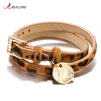 

Amorcome Leopard Leather Bracelets For Women 2019 Fashion Bracelets & Bangles Round Tree of Life Wrap Jewelry Female