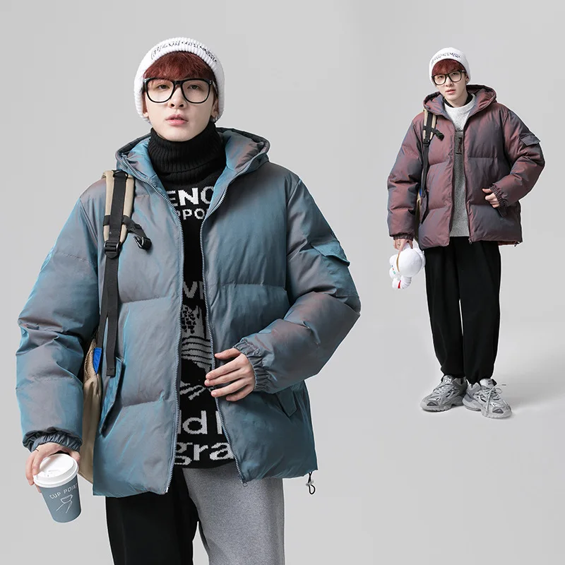 

Fashion Colorful Winter Fashion Casual Solid Down Jacket Men Hooded Windproof Reflective Fabric Padded Coat Men's Parkas Hoodies