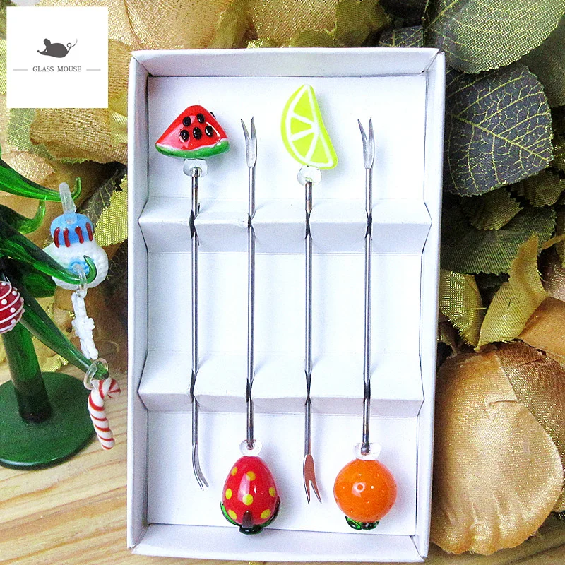 

4pcs Creative handmade miniature 3D glass fruit Design Ornament Decorative Stainless steel Fruit Forks Tableware Party Supplies