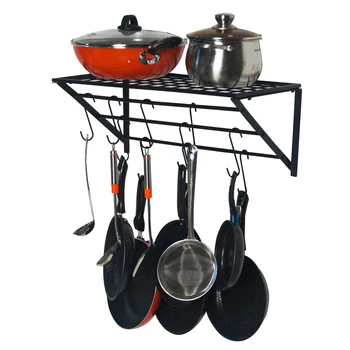 

Multi-Purpose Shelf Kitchen Wall Pot Pan Rack with 10 Hooks for Pots, Pans, Utensils, Cookbooks, Bakeware, Plants
