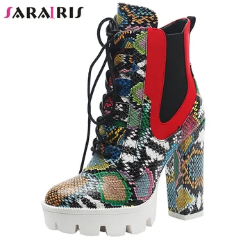 

SARAIRIS 2020 Fashion New Ladies Chunky High Heels Mixed Color Shoes Woman Boots Female Lace Up Platform Ankle Boots Women Shoes