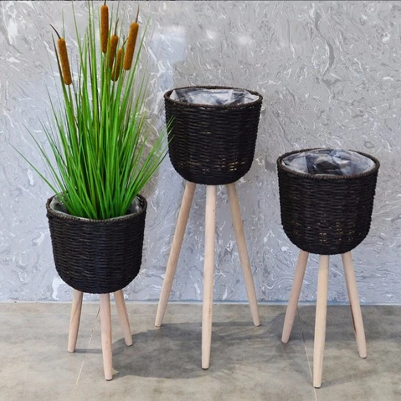 

Straw Weaving Flower Basket Flowerpot Ground Decorate A Living Room Balcony Simplicity Countryside Flower Rack Northern Europe