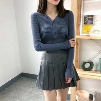

Women Basic Slim Knitted Pullover Sweater 2020 Spring Button V Neck Soft Jumper Yellow Sweater Winter Pullovers