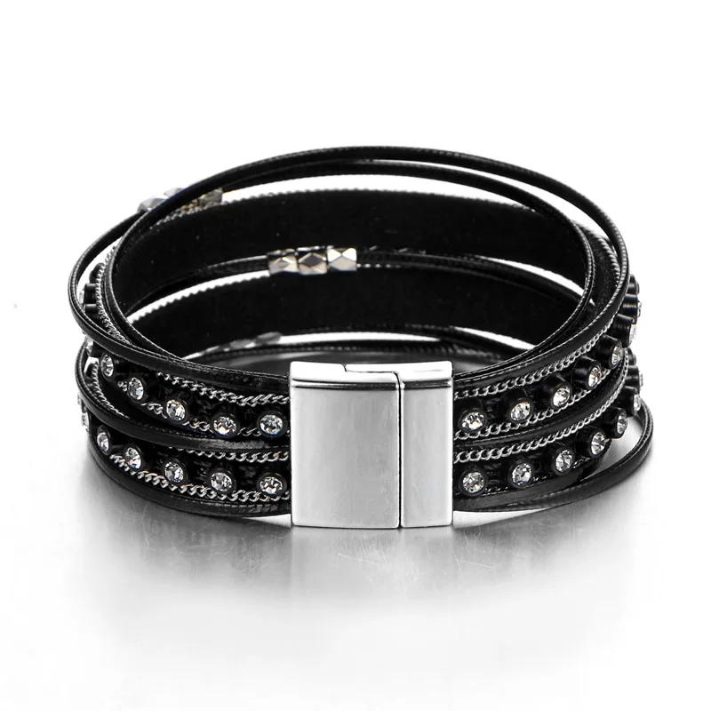 Fashion Black Multiple Layer Leather Bracelet Metal Bead Wrap Bracelets Magnetic Clasp Charm Bangle Jewelry For Women Femme