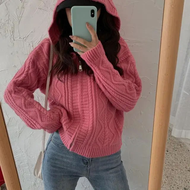 Twisted Knitting Hooded Cardigans Sweaters Women Long Sleeve Zipper-up Korean Fashion Loose Tops Autumn Winter Cardigans - Цвет: rose red