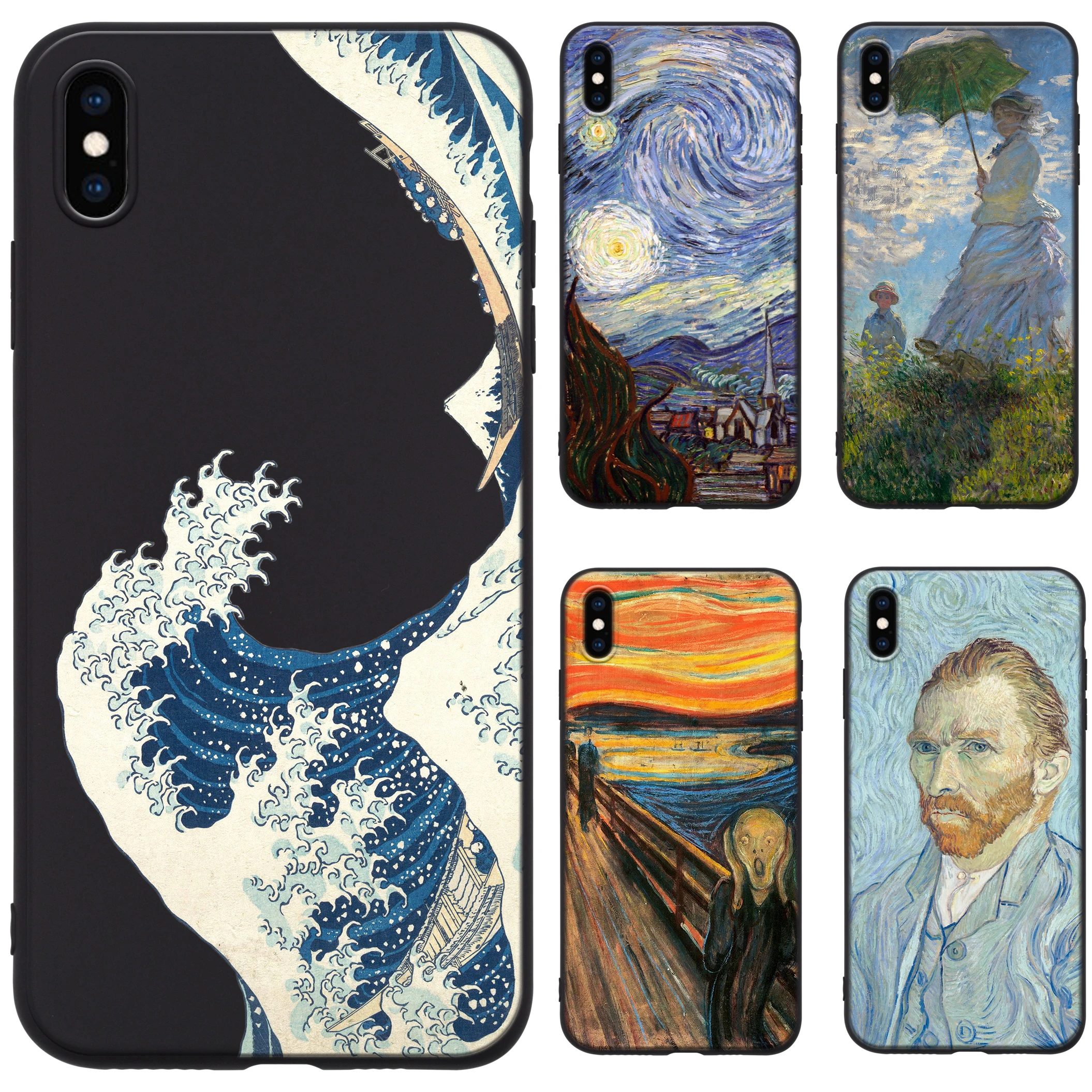 Case For iPhone 11 Pro Max 12 Mini XR Xs 5 6 6s 7 8 Plus SE SE2 Painting Starry Night Scream Wave Van Gogh Art TPU Cover Black | Мобильные