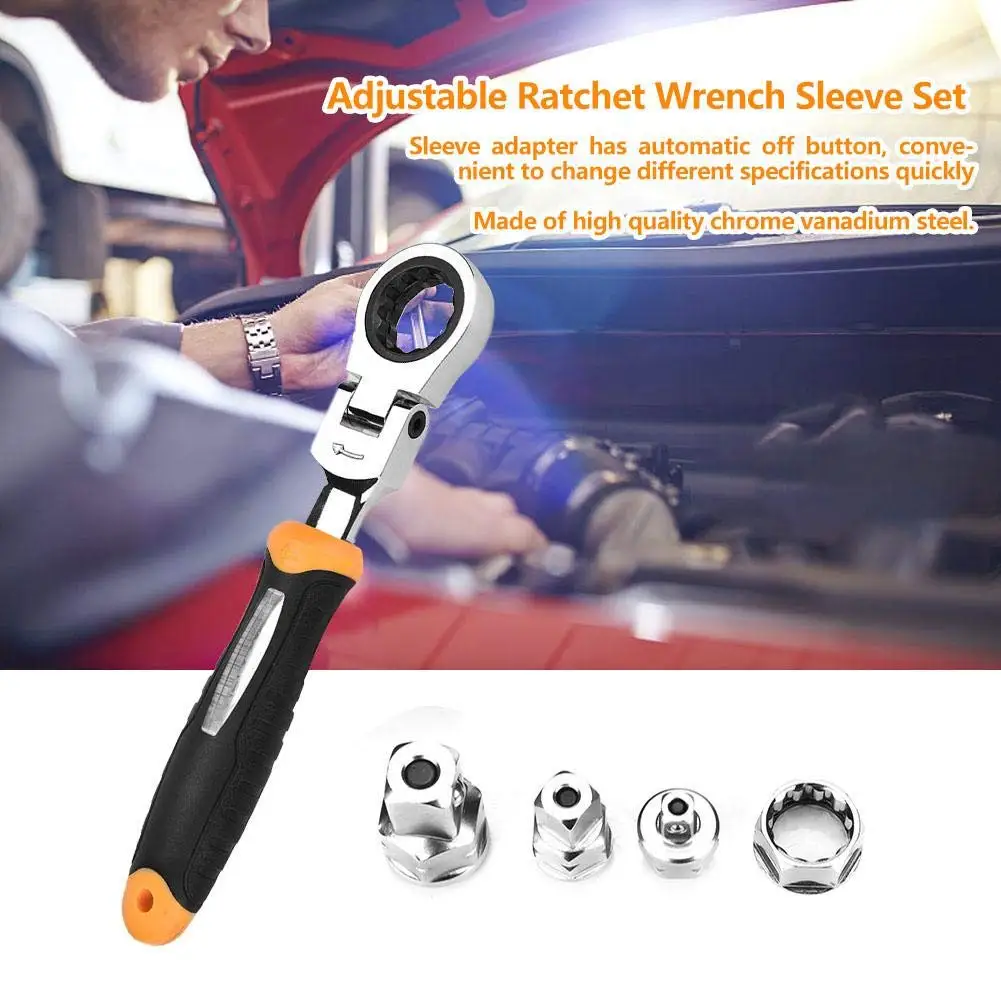 Adjustable Ratchet Wrench with 5pcs RTW-5 Rotate 180 Degrees Ratchet Wrench 1/4" 3/8" 1/2" CR-V for Auto Repair Construction