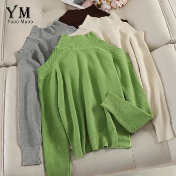 

YuooMuoo Casual Turtleneck Sweater Woman Autumn Winter Fashion Knitted Pullovers Off Shoulder Solid Sweater Tops Outfit Jumpers