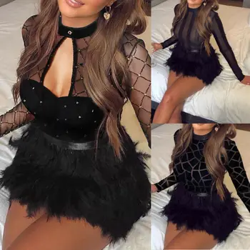 

Women Long Sleeve Dress Sexy Bodycon Sheer Mesh Evening Cocktail Party Mini Fur Black Dress Exotic Dresses 2019 New