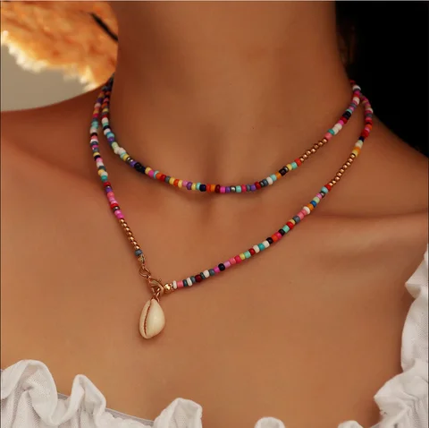 Colorful Seed Bead Shell Choker Necklace Statement Short Collar Clavicle Chain Necklace for Women Female Boho Jewelry