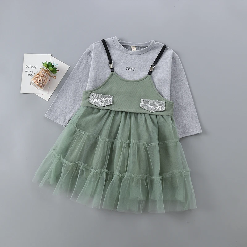 Комплект одежды высокого качества для девочек от 3 до 7 лет, новинка года, весенне-осенняя модная повседневная Однотонная рубашка+ Сетчатое платье детская одежда