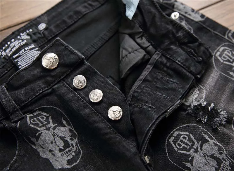 Skull Printed Jeans Pants Mens Hip Hop Streetwear Denim Trousers Washed Stretch Pants Male  (7)