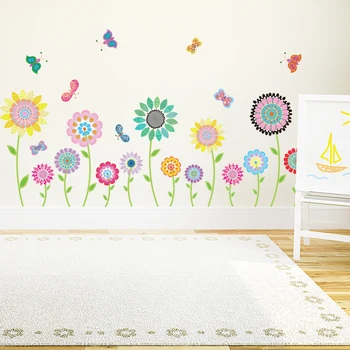 

[shijuekongjian] Cartoon Flowers Wall Stickers Vinyl DIY Plant Wall Decals for Living Room Kids Bedroom Kitchen Glass Decoration