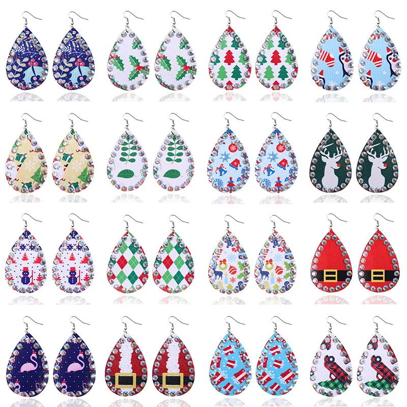 2020 серьги из искусственной кожи с изображением рождественской елки оленя модные
