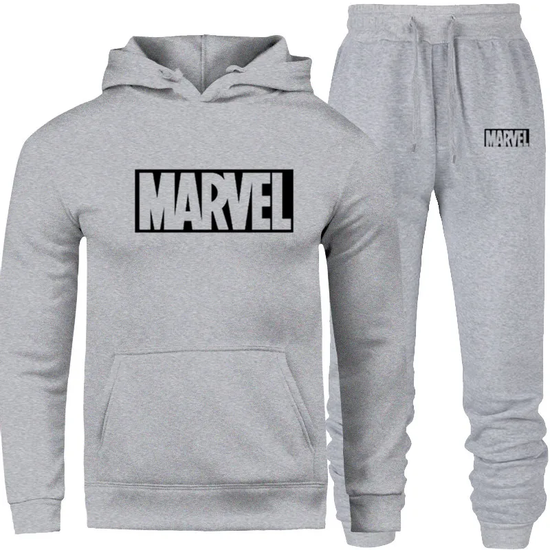SET-04-hei-MARVEL Брендовый спортивный костюм с принтом MARVEL Модные мужские спортивные толстовки комплекты из двух предметов флисовая плотная Толстовка+ штаны спортивный костюм для мужчин - Цвет: SET-04-hei-MARVEL