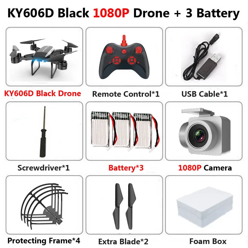 Black 1080P 3B Foam KY606D Дрон 4k HD аэрофотосъемка 1080p четырехосный летательный аппарат 20 минут давление полета Hover ключ взлет Rc вертолет - Цвет: Black 1080P 3B Foam