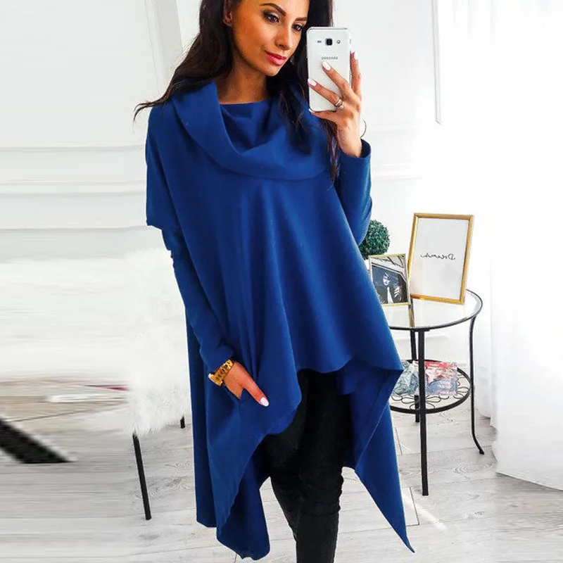 Blue Viensta 2XL осень зима толстовка с капюшоном Твердые Длинные худи неправильной формы топ Повседневный длинный рукав карман свитер для женщин, пуловер - Цвет: Blue