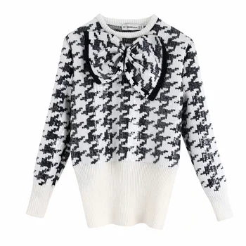 

Autumn 2019 women's new round neck long sleeve bow with thousand bird pattern splicing bead knitwear 09598178064