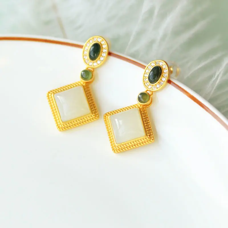 

Natural Hetian white jade earrings Chinese style retro elegant light luxury inlaid zircon winter luxury women's silver jewelry