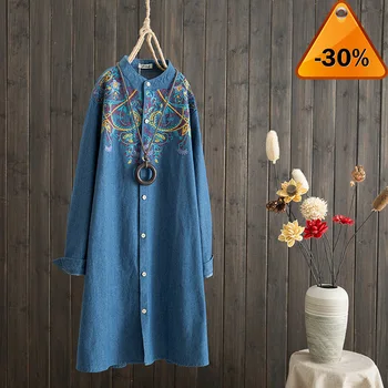 

Long Sleeve Autumn Denim Blue Blouse Women Vintage Embroidery Shirt Blusas Femininas Tunic Tops Plus Size Casual Blouses