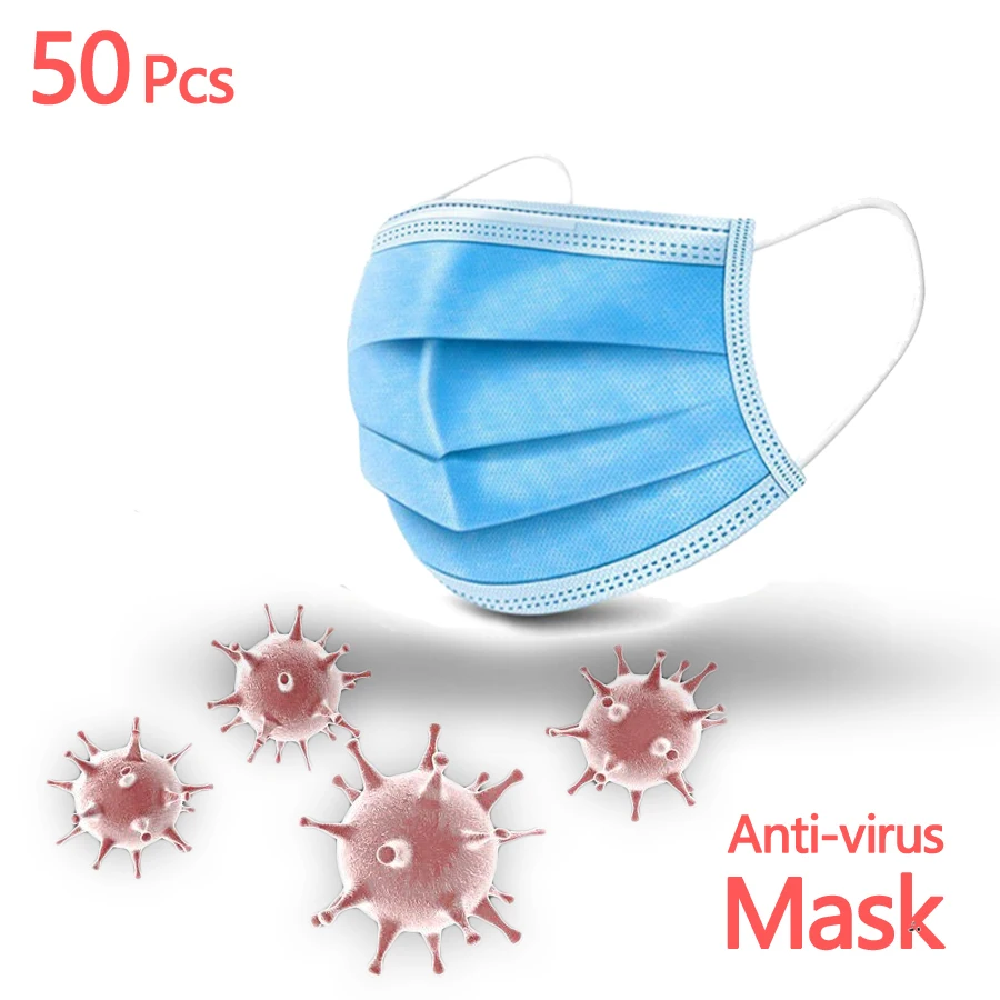 

50Pcs Antivirus 1 Disposable Medica Mask Virus Nonwove 3 Layer Ply Filter Mouth Face Mask Dust BFE95 Meltblown Mouth Masks
