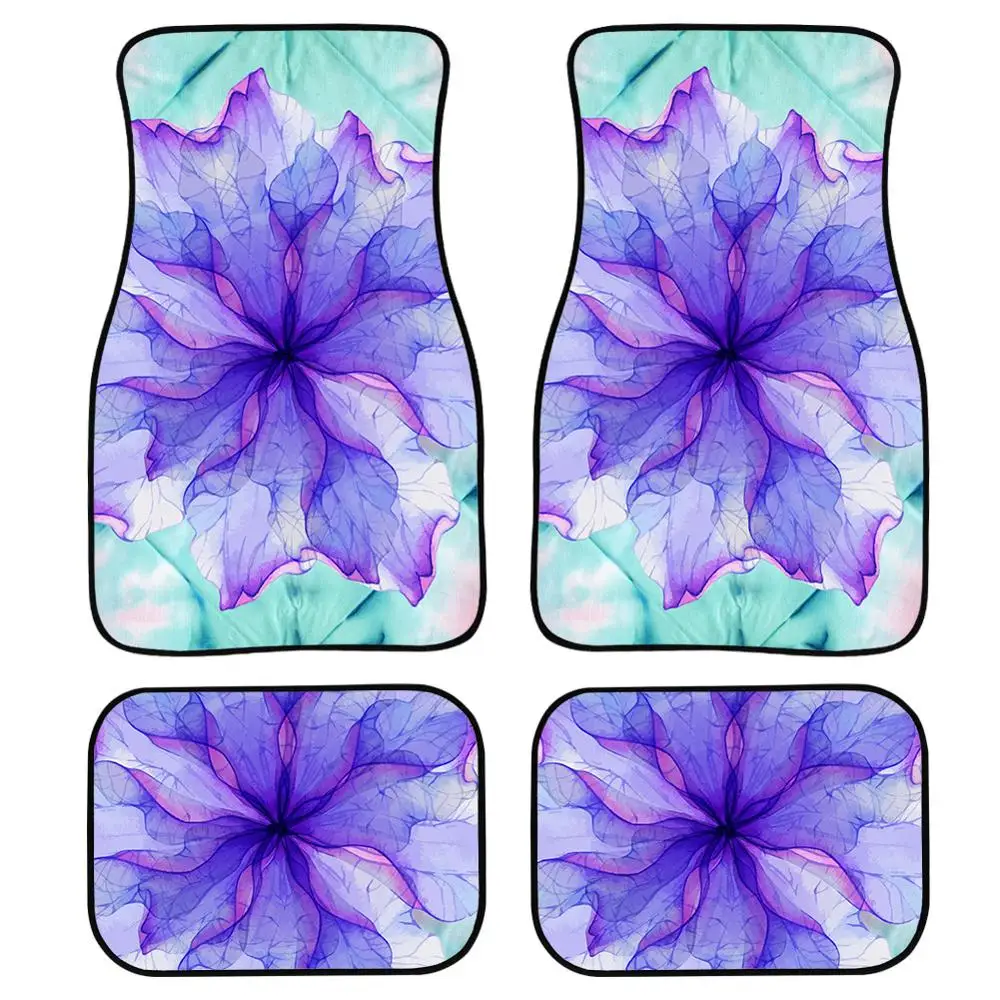

4Pcs Car Foot Mats Purple/Yellow/Green Floral Auto Front/After Foot Mats Tie-Dye Style Floor Protect Carpets Easy to Install