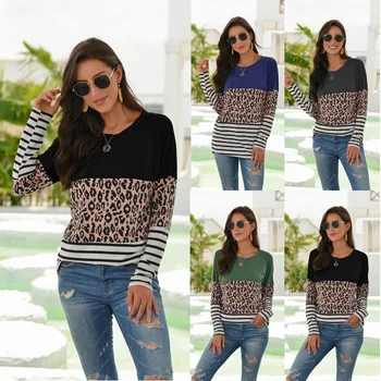 

2020 European and American Women's Autumn New Long-Sleeved Leopard Splicing T-shirt Women's