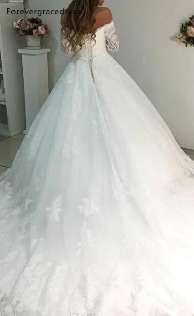Delicate Vestido De Novia 2018 Sheer Long Sleeve Off Shoulder Lace Wedding Dresses Court Train Garden Bridal Gowns Custom Made Corset BA7864  169 (3)
