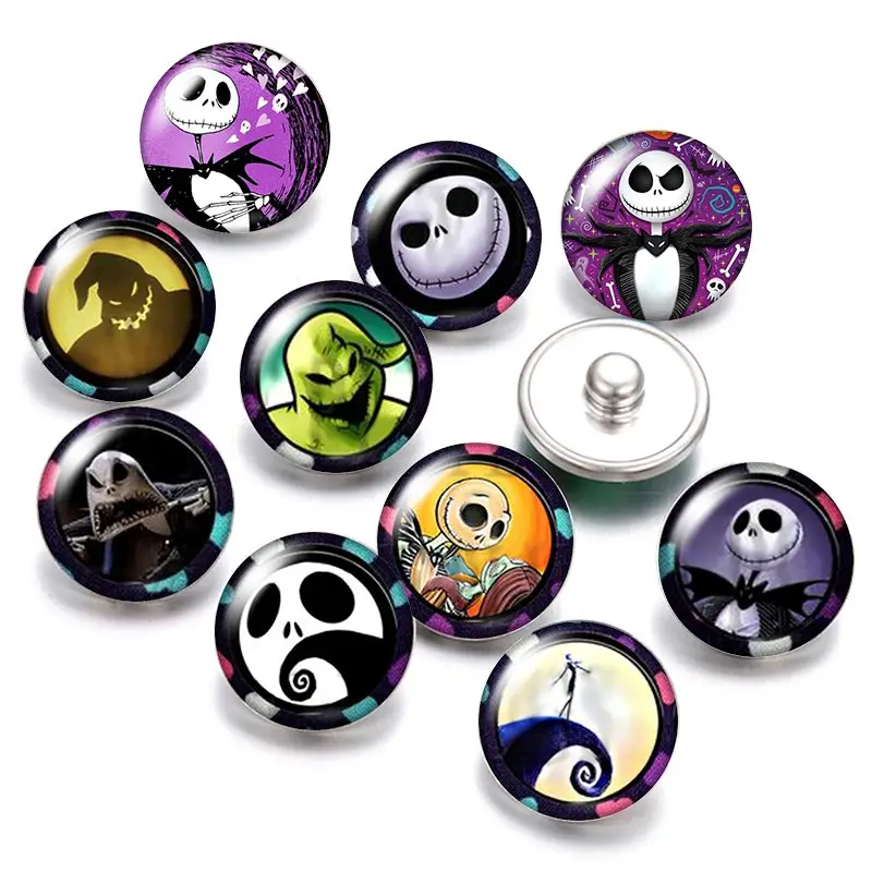 

jack skellington Evil Face Skull 18mm snap buttons 10pcs mixed round photo glass cabochon style for snap button jewelry