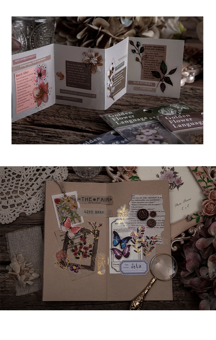 Yoofun 3 Stück gleitete Vintage-Blumen-Aufkleber, dekorative botanische PET-Aufkleber für Scrapbooking, DIY, Kunsthandwerk, Albumetikett – Detail 15