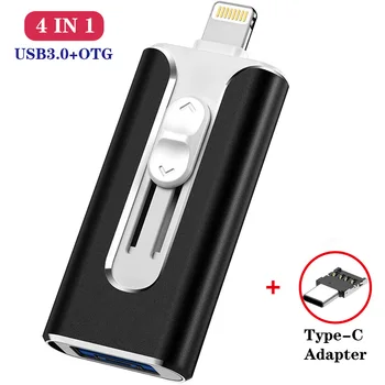 

4IN1 Metal OTG Usb Flash Drive 32GB 128GB 256GB Pendrive External storage For iphone X 8 7 Plus 6 6s Plus 5S ipad Macbook TYPE C