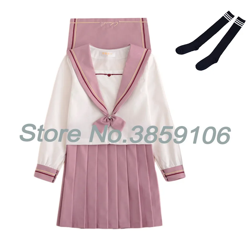 Long Set With Socks Новое поступление, школьная форма для девочек, костюм моряка, JK школьная форма s для девочек, белая рубашка и розовая юбка, костюмы для студентов, косплей - Цвет: Long Set With Socks