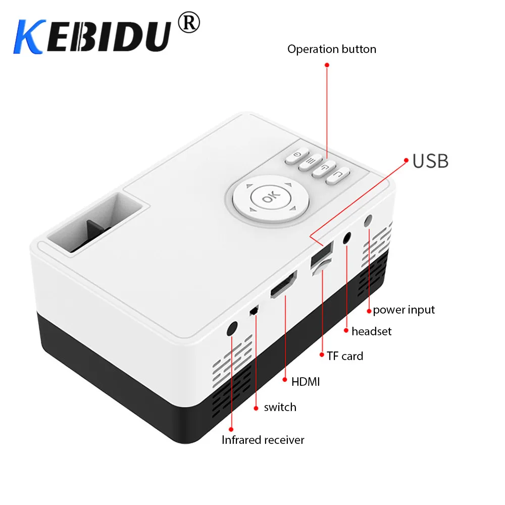 Портативный мини-проектор Kebidu J15 с поддержкой 1080P для AV, USB, SD, TF карт, USB, домашний мини-проектор, Детский Карманный проектор