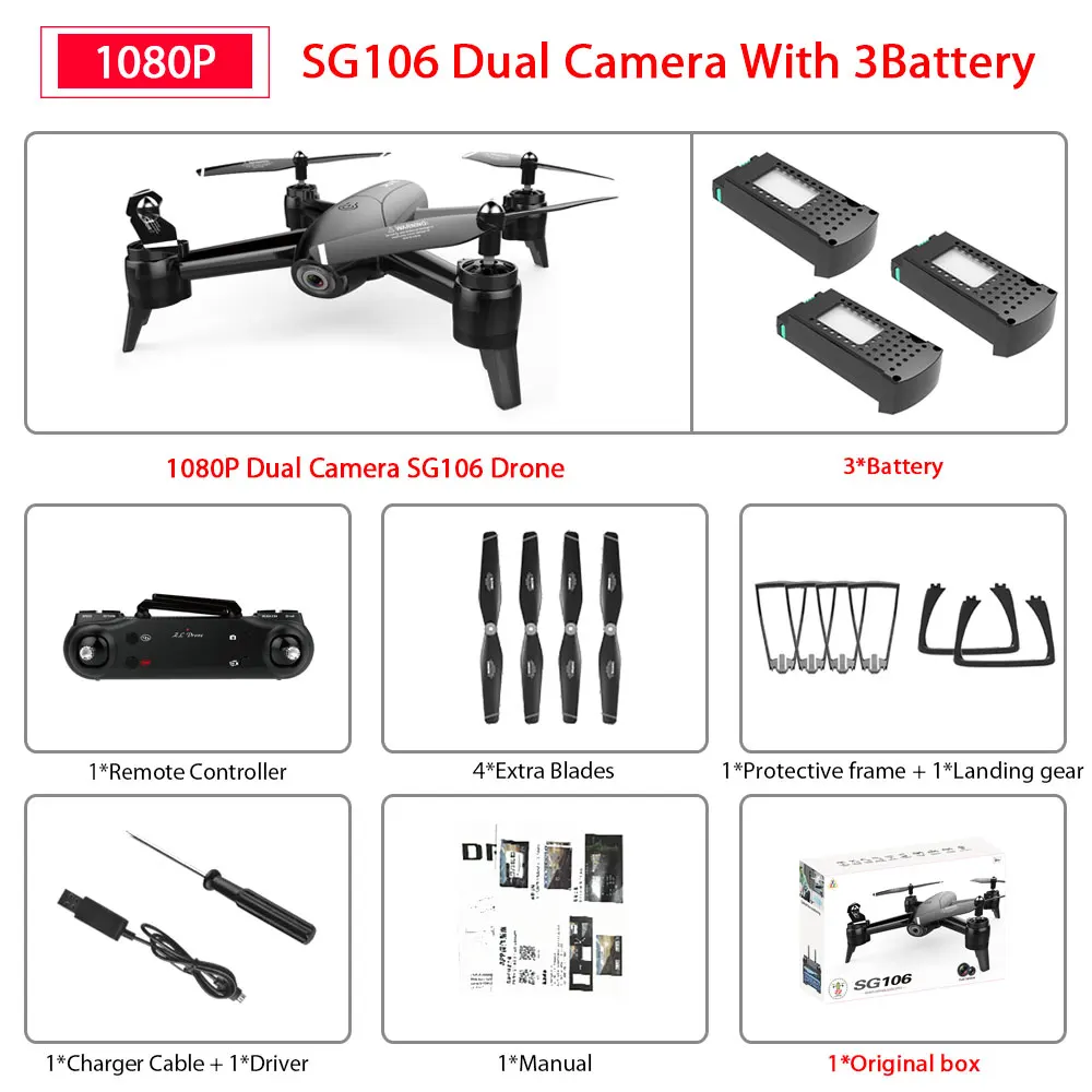 1080P Black SG106 3B SG106 WiFi FPV Радиоуправляемый Дрон с 720P или 1080P или 4K HD двойной камерой оптический поток воздушный видео Радиоуправляемый квадрокоптер для игрушек Детский Радиоуправляемый Дрон - Цвет: 1080P Black SG106 3B