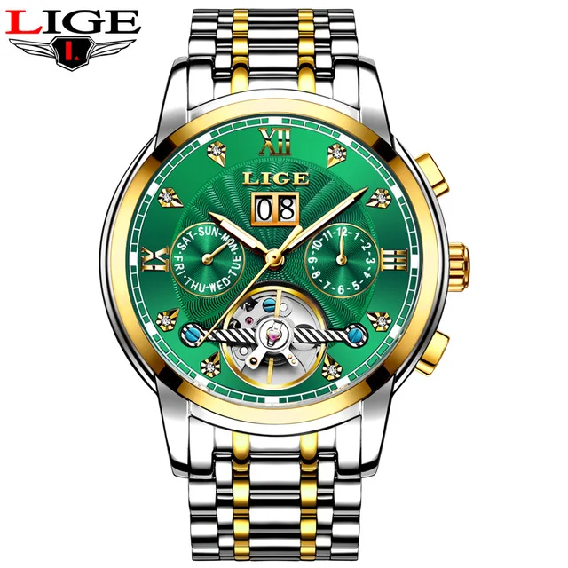 Gold green LIGE Tourbillon автоматические механические часы для мужчин s Бизнес золотые часы для мужчин модные водонепроницаемые наручные часы Relogio Masculino+ коробка - Цвет: Gold green