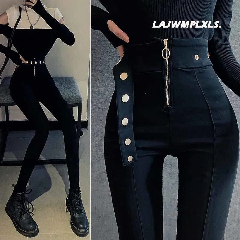 2021 Autumn Spring New Black leggings Casual Elastic High Waist stretch feet pants women's Metal Buttons was thin Pencil Pants | Женская