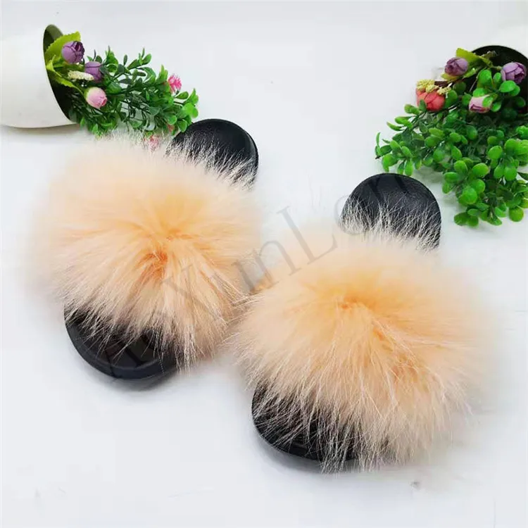 Raccoon hair2 Модные женские шлепанцы с мехом енота; сезон лето; плюшевые шлепанцы с мехом лисы для девочек; женская обувь на меху; большие размеры; пушистые шлепанцы - Цвет: Raccoon hair2