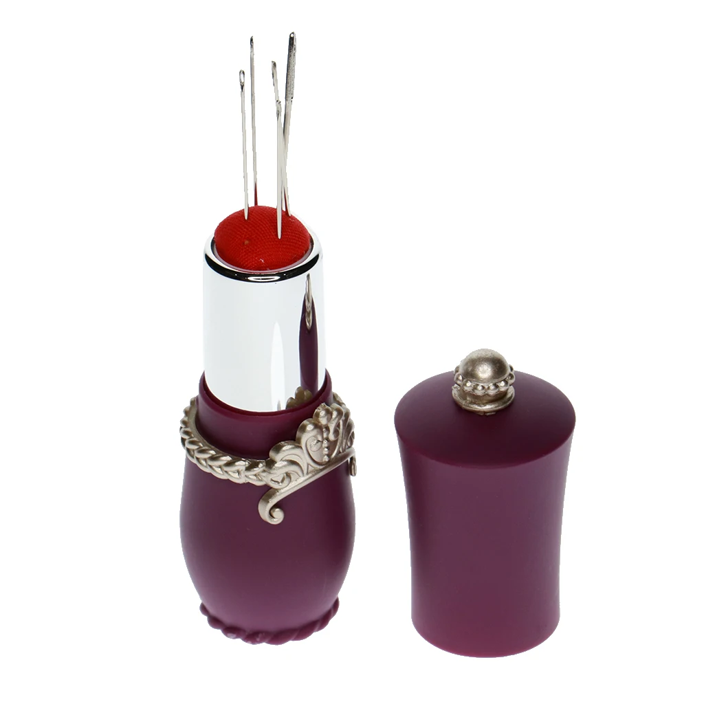 Lipstick Design Needles Pin Cushion Holder with 5pcs Sewing Needle Tools for Hand Needlework